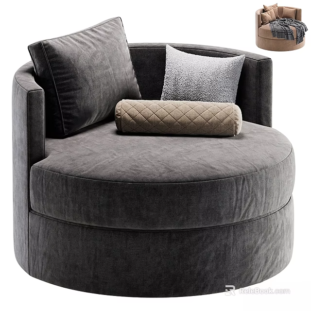 Round Gray Velvet Leisure Chair With Soft Cushions And Bolster Pillow 3d model 