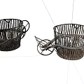Vintage Rustic Metal Woven Baskets With Handles And Decorative Wheels