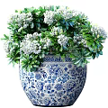 Exquisite Bonsai Plant in Blue and White Patterned Pot with Green Leaves and White Flowers