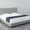 Modern Double Bed With Grey Tufted Headboard White Blue Mattress And Sturdy Frame