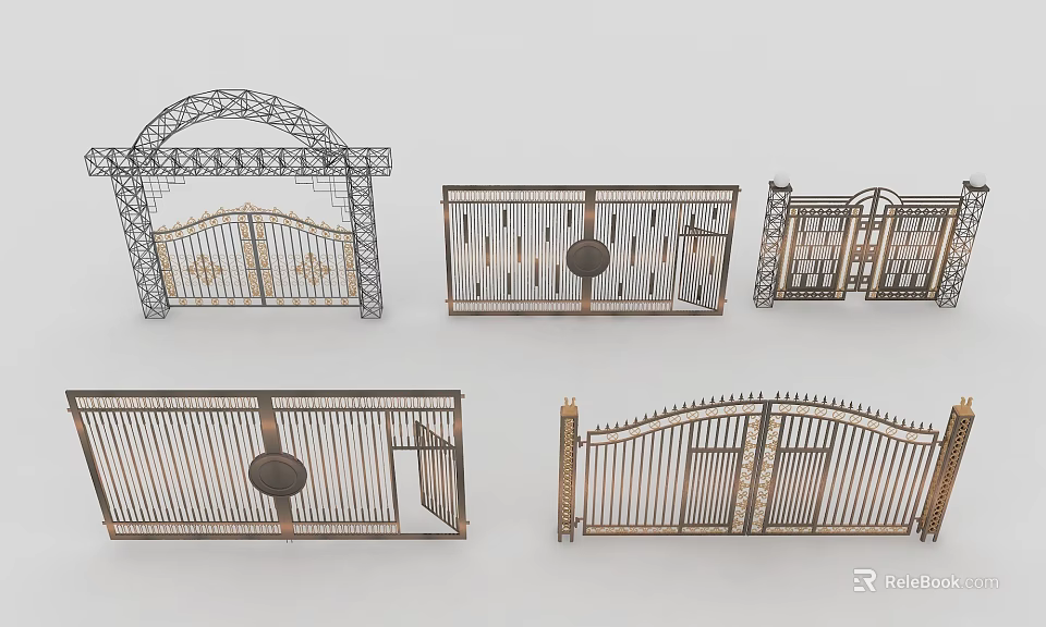 Ornate Metal Gates With Arched Design Circular Motifs And Double Door Styles 3d model 