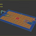 3D Rendered Basketball Court With Wooden Floor Blue Border White Lines Red Circles And Hoops