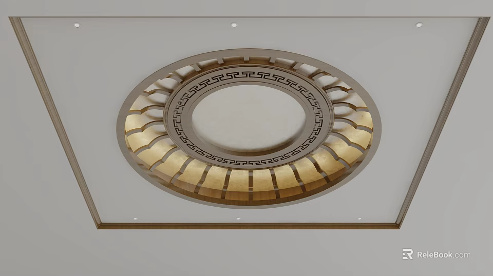 Elegant Circular Ceiling Design With Gold Decorative Patterns And Recessed Lighting 3d model