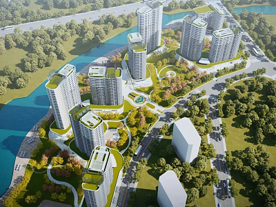Aerial Planning of Urban Residential Complex With River Green Areas and Road Network Layout 3d model