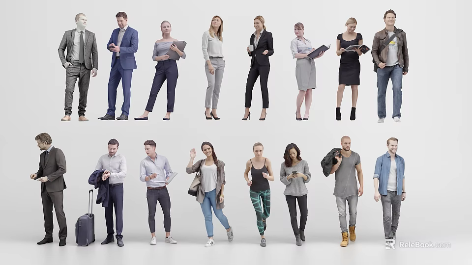 Double People in Different Poses with Business Casual Outfits and Daily Activities 3d model 