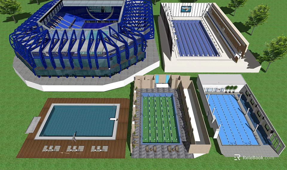 Various Sports Facilities Design Including Stadium Swimming Pool And Green Field 3d model 