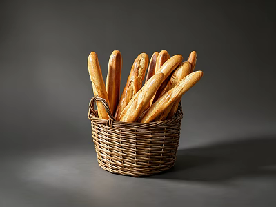 Fresh Crispy Baguettes in Wicker Basket on Dark Background with Light Shadow 3d model