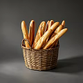 Fresh Crispy Baguettes in Wicker Basket on Dark Background with Light Shadow