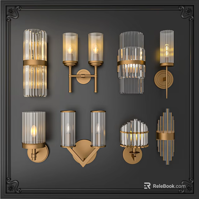 Modern Glass Wall Lamps With Golden Metal Frames And Elegant Designs 3d model 