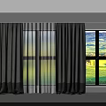 Gray Curtains With Sheer Inner Layer By Window Showing Green Landscape