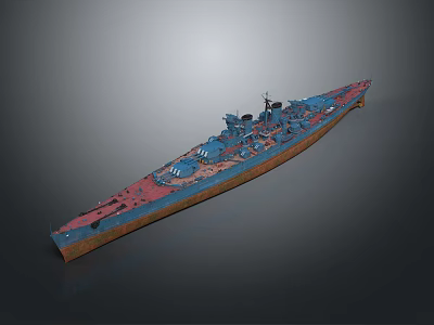 Vintage Warship 3D Model Featuring Blue Red Hull And Detailed Deck Structure 3d model