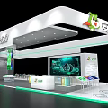Modern Exhibition Booth With White Curved Roof Colorful Light Column Green Base And Display Tables