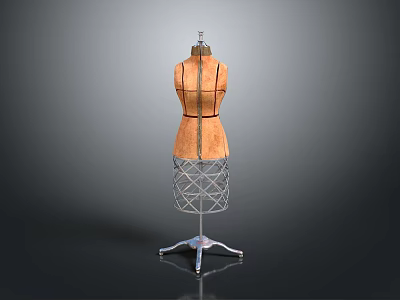 Classic Brown Dress Form With Black Lines And Metal Support Stand 3d model