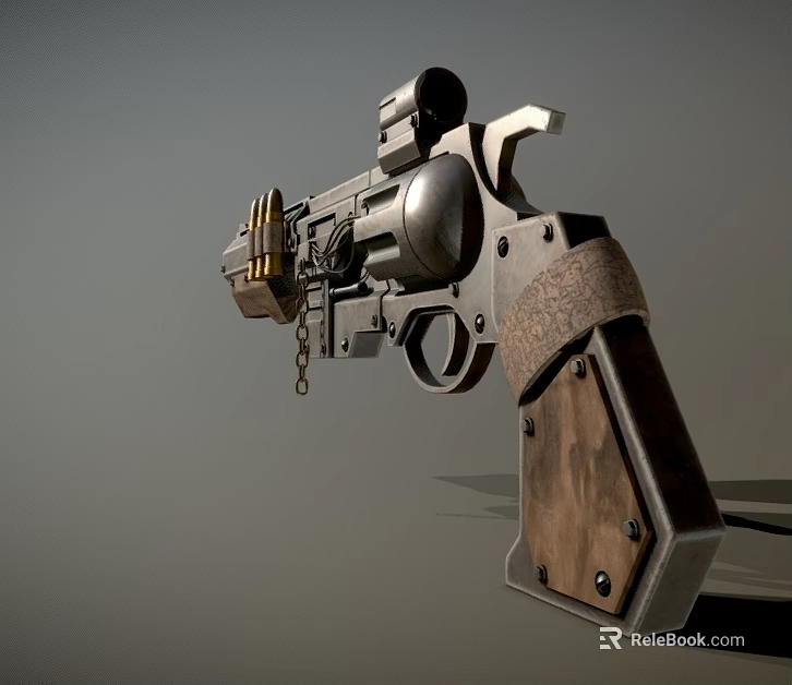 Vintage Metal Revolver With Wooden Grip Engraved Design Scope And Chain 3d model 