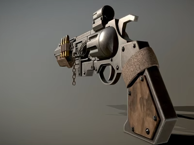 Vintage Metal Revolver With Wooden Grip Engraved Design Scope And Chain 3d model
