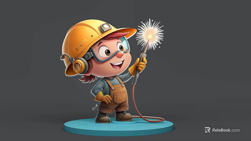 Man in Yellow Hard Hat and Goggles Using Welding Torch with Sparks 3d model