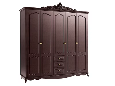 Dark Brown Classical Wardrobe With Carved Top Arched Panels Golden Handles Drawers And Decorative Legs 3d model