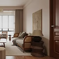 Cozy Living Room With Rattan Sofa And Wooden Coffee Table Set Rug And Window Blinds