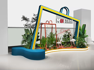 Commercial Display Installation With Shopping Bag Frame Green Plants Swing And Blue Seat 3d model