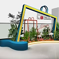 Commercial Display Installation With Shopping Bag Frame Green Plants Swing And Blue Seat
