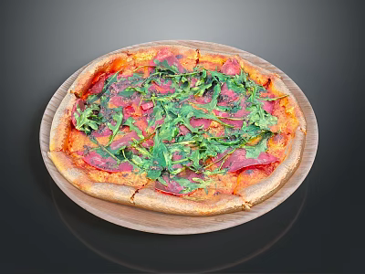 Fresh Homemade Pizza Topped With Arugula And Pepperoni On Wooden Plate 3d model