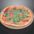 Fresh Homemade Pizza Topped With Arugula And Pepperoni On Wooden Plate