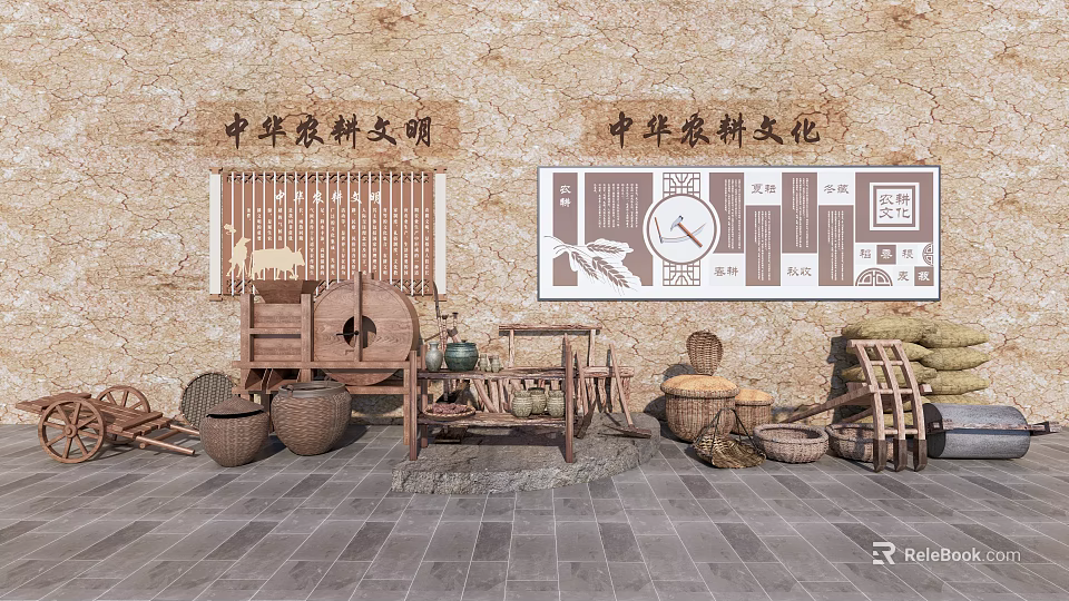 Traditional Chinese Farming Equipment Cultural Relics Display With Ancient Tools And Containers 3d model 