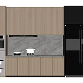 Modern Kitchen Interior With Light Wood Cabinets Black Refrigerator Oven And Gray Backsplash