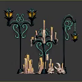 Vintage Decorative Street Lamps With Lit Lanterns And Melted Candles On Holders
