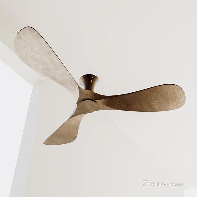 Modern Three Bladed Ceiling Fan With Metallic Finish On White Ceiling 3d model