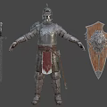Silver Medieval Armor With Decorative Patterns And Shoulder Guards Holding Shield With Intricate Design 3d model