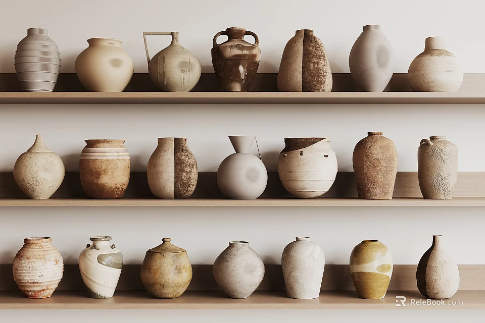Ceramic Vessels Displayed On Wooden Shelves With Various Shapes And Neutral Tones 3d model 