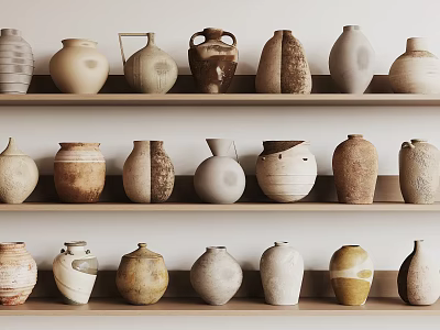 Ceramic Vessels Displayed On Wooden Shelves With Various Shapes And Neutral Tones 3d model