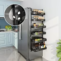 Kitchen Refrigerator Side Pantry Rack With Tiered Shelves Holding Spice Jars And Organized Storage