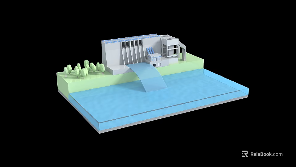 Hydroelectric Power Station Model With Dam Water Flow Building And Trees 3d model 