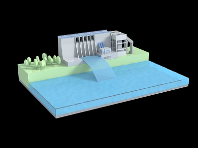 Hydroelectric Power Station Model With Dam Water Flow Building And Trees 3d model