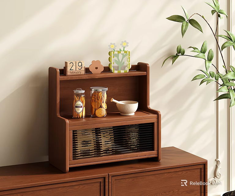 Cozy Wooden Shelf With Number Block Flower Mug Glass Jars And Green Plant 3d model 