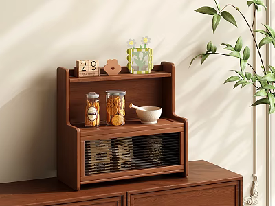 Cozy Wooden Shelf With Number Block Flower Mug Glass Jars And Green Plant 3d model