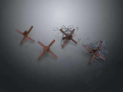 Set of Four Cross Shaped Weapons with Wooden Structures and Metal Wire Coils 3d model Set of Four Cross Shaped Weapons with Wooden Structures and Metal Wire Coils 3d model