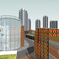 Modern Commercial Street With High Rise Buildings And Glass Dome Structure