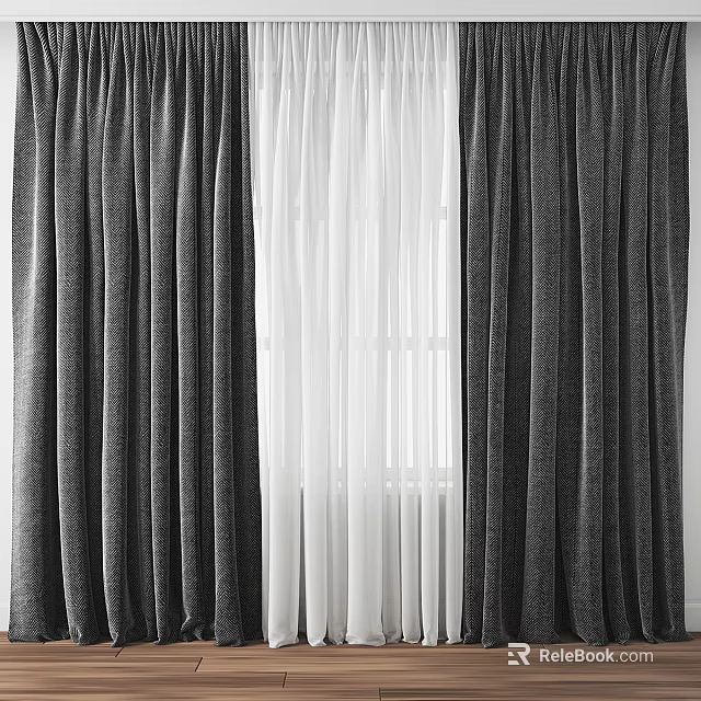 Dark Curtains With White Sheer Panels For Home Window Interior Design 3d model 