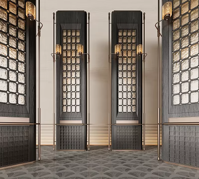 Dark Wooden Room Divider With Lattice Design In Elegant Indoor Hall Space 3d model