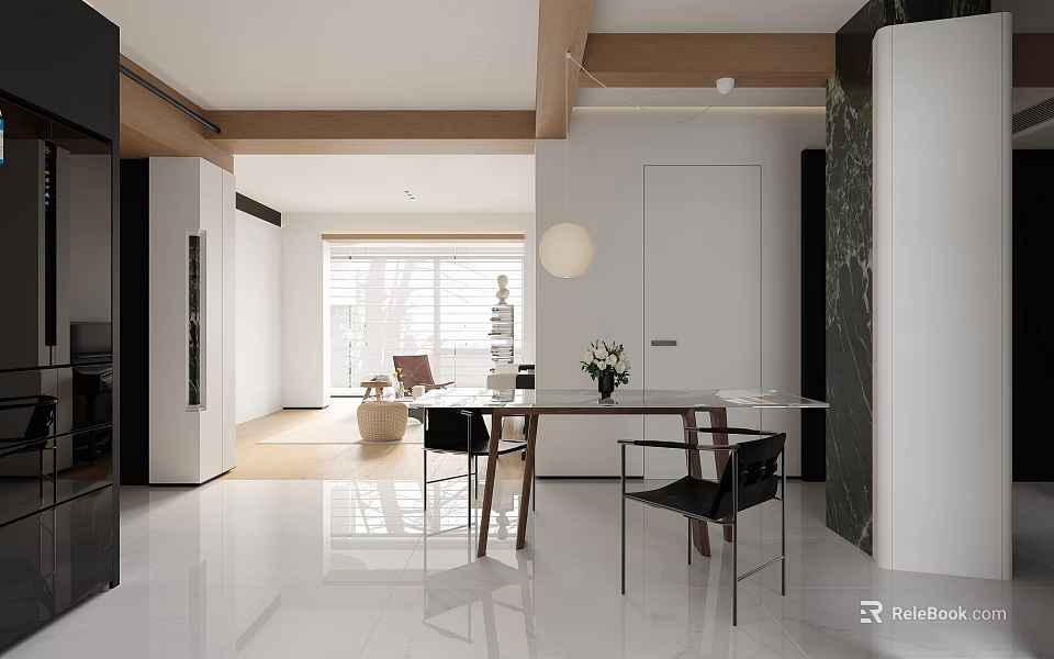 Modern Dining and Living Area Interior With Open Layout Dining Table Chairs And Natural Light 3d model 