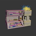 Gray Multi Tiered Cabinet With Open Shelves Dishes And Potted Plant On Top