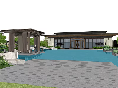 Modern Sales Center Building With Pool Wooden Pavilion Glass Facade And Landscaped Garden 3d model