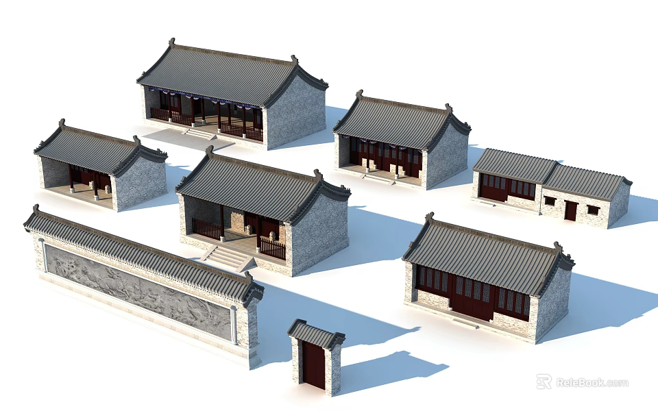 Traditional Ancient Architecture With Grey Tiled Roofs Stone Walls And Wooden Doors 3d model 