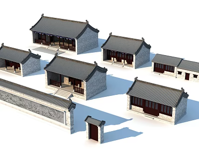 Traditional Ancient Architecture With Grey Tiled Roofs Stone Walls And Wooden Doors 3d model