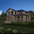 Two Story Detached Villa Exterior With Green Lawn Trees And Flower Garden