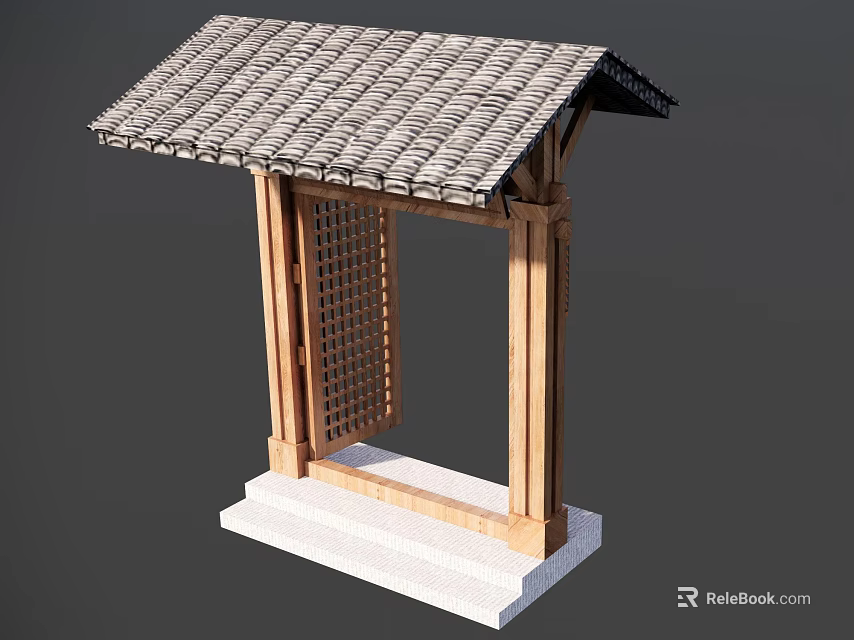 Traditional Chinese Wooden Pavilion With Lattice Design Tile Roof And Stone Base 3d model 