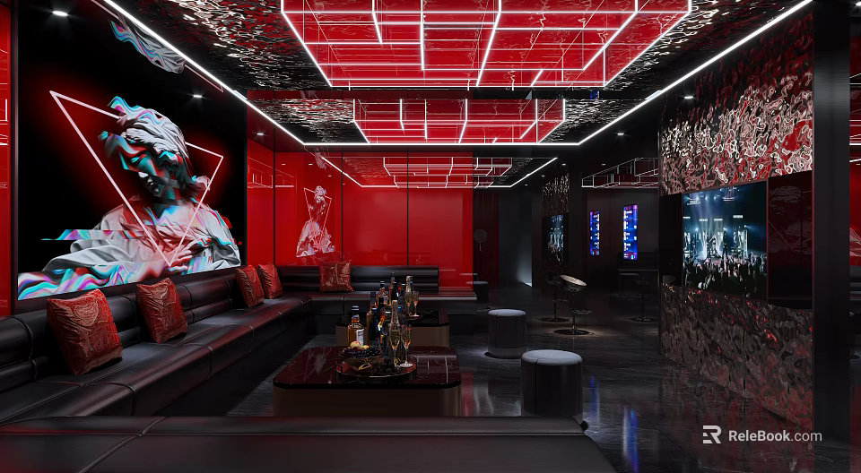 Modern KTV Interior Design Featuring Red Decor Sofa And Large TV Screen 3d model 